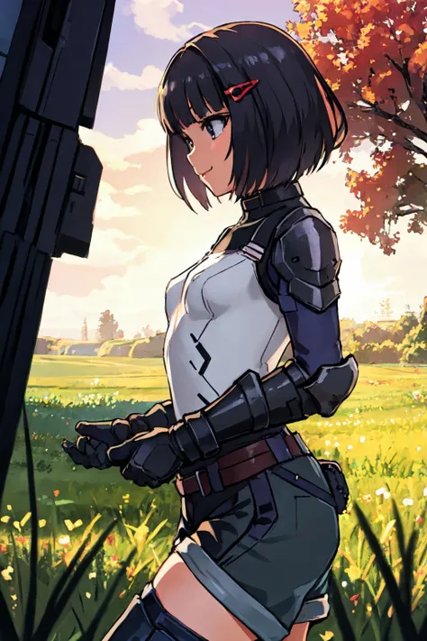 portrait, sharp focus, soft lighting,  illustration, depth of field, outdoors, farm, field, grass, 1girl, linlee, black hair, armor, shorts, gloves <lora:asanagi:0.35> <lora:linlee-000004:0.75>