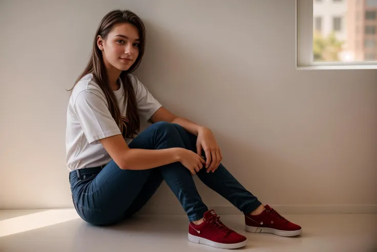 full body,wide shot,photo of a 18 year old girl,happy,sitting against the wall,shirt,pants,ray tracing,detail shadow,shot on Fujifilm X-T4,85mm f1.2,sharp focus,depth of field,blurry background,bokeh,lens flare,motion blur,<lora:add_detail:1>,