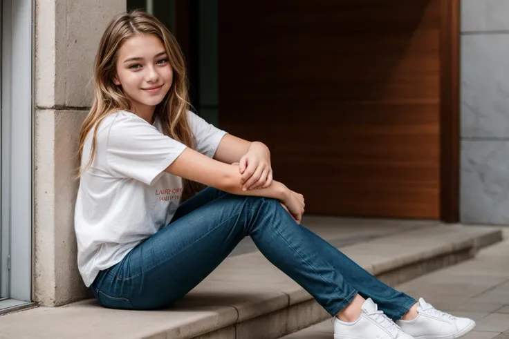 full body,photo of a 18 year old girl,sitting against a wall,happy,laughing,shirt,pants,ray tracing,detail shadow,shot on Fujifilm X-T4,85mm f1.2,sharp focus,depth of field,blurry background,bokeh,lens flare,motion blur,<lora:add_detail:1>,