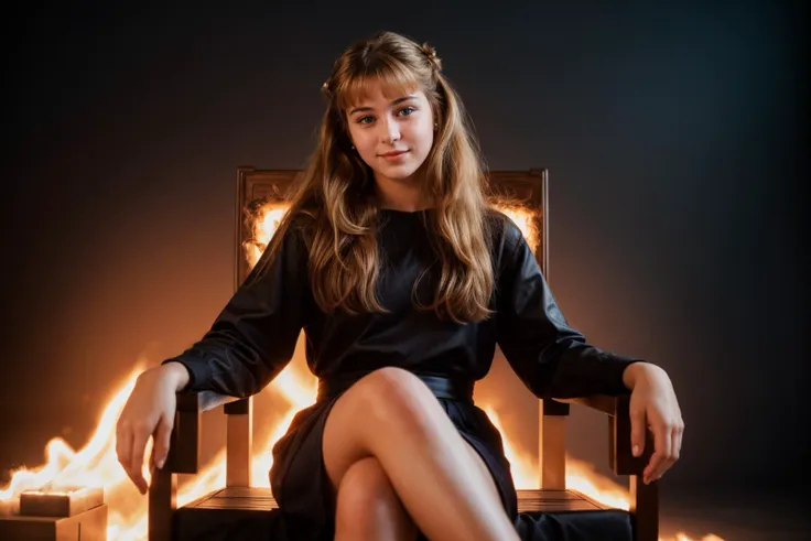 1980s,photo of a 18 year old girl,happy,sitting on a throne of fire,ray tracing,detail shadow,shot on Fujifilm X-T4,85mm f1.2,sharp focus,depth of field,blurry background,bokeh,lens flare,motion blur,<lora:add_detail:1>,