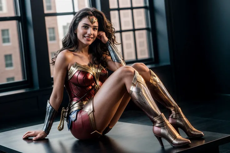 DC movies,full body,photo of a 18 year old girl,wonder woman,Sitting on a surface with legs dangling,happy,laughing,ray tracing,detail shadow,shot on Fujifilm X-T4,85mm f1.2,sharp focus,depth of field,blurry background,bokeh,motion blur,<lora:add_detail:1>,