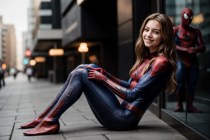 Marvel s,full body,photo of a 18 year old girl,spiderman,sitting against a wall,happy,laughing,ray tracing,detail shadow,shot on Fujifilm X-T4,85mm f1.2,sharp focus,depth of field,blurry background,bokeh,lens flare,motion blur,<lora:add_detail:1>,