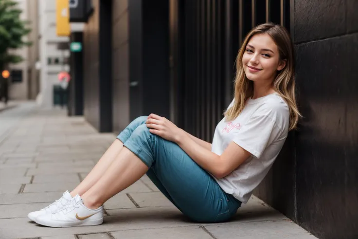 full body,photo of a 25 year old girl,sitting against a wall,happy,laughing,shirt,pants,ray tracing,detail shadow,shot on Fujifilm X-T4,85mm f1.2,sharp focus,depth of field,blurry background,bokeh,lens flare,motion blur,<lora:add_detail:1>,