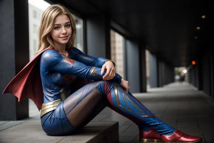 DC s,full body,photo of a 18 year old girl,supergirl,sitting against a wall,happy,laughing,ray tracing,detail shadow,shot on Fujifilm X-T4,85mm f1.2,sharp focus,depth of field,blurry background,bokeh,lens flare,motion blur,<lora:add_detail:1>,