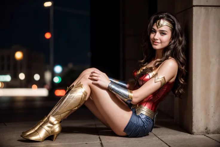 DC movies,full body,photo of a 18 year old girl,wonder woman,sitting against a wall,happy,laughing,ray tracing,detail shadow,shot on Fujifilm X-T4,85mm f1.2,sharp focus,depth of field,blurry background,bokeh,lens flare,motion blur,<lora:add_detail:1>,