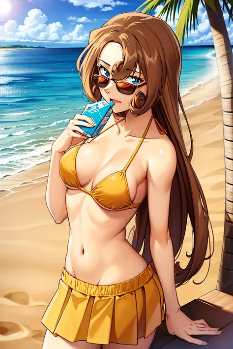 masterpiece,best quality,high quality,1girl, long hair,medium breasts,ocean, sand, beach, tree, sunlight, sun,sky,side-tie bikini bottom, sunglasses, embarrassed, juice box, skirt,
<lora:yukikotv:0.8> yukikotv