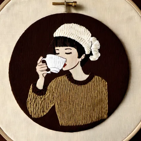 embrodarythreadart, girl,hat, long sleeves, holding, closed eyes, upper body, sweater, cup, holding cup, drinking, brown theme <lora:embrodary_thread_art:1>