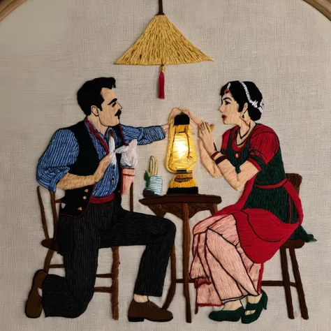 embrodarythreadart ,stageplay, dim lights, lamp on the ceiling, man and woman acting, roleplay, <lora:embrodary_thread_art:1>