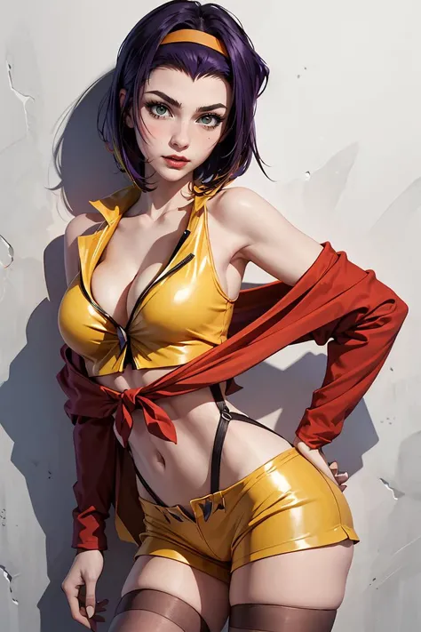 (masterpiece, best quality), 1girl, beautiful face,  <lora:cowboybebop_faye:1> fayevalentine, yellow hairband, red jacket, crop top, yellow shorts, thighhighs, midriff, cleavage,