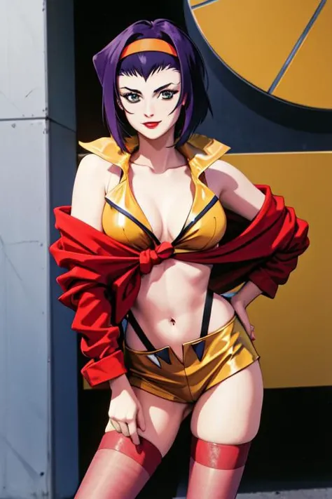 1990s \(style\), (masterpiece, best quality), 1girl, beautiful face, fayevalentine, yellow hairband, red jacket, knot jacket, thighhighs, midriff, showing breasts,
<lora:RetroAnimeCraft_t3r:1> <lora:cowboybebop_faye-11:1>