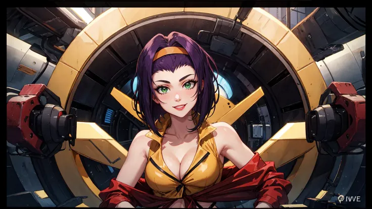 (masterpiece:1.2, best quality:1.2, beautiful, high quality, highres:1.1), detailed, extremely detailed, 4K, 1girl, aged_up, mature female, solo, pose, fayevalentine, yellow hairband, red jacket, crop top, cleavage, purple hair, green eyes, smile, on a spaceship, looks at the viewer, <lora:cowboybebop_faye:0.9>,