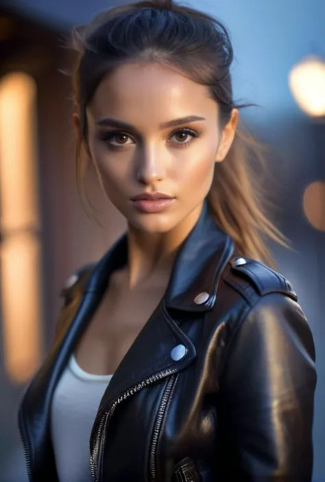 A stunning photograph by David Bellemere of a beautiful young woman who look like SelestXL3, exterior shot, leather jacket, updo hairstyle, professional lighting, ziprealism <lora:casting shadow style v2:0.8> casting shadow style, <lora:analogdiffusion_Lycoris:1>