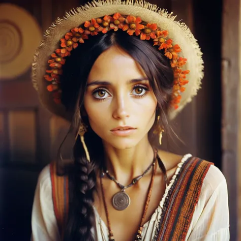 an analog film still by tertius alio of a Captivating bohemian lady looking like selestxl3, Quizzical.