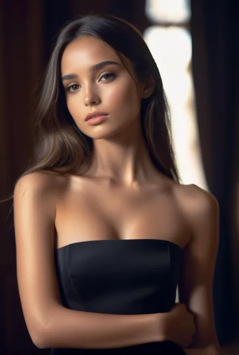 A stunning photograph by David Bellemere of a beautiful young woman who look like SelestXL3, interior shot, dark dress, strapless dress, sparse room, professional lighing, ziprealism <lora:casting shadow style v2:0.8> casting shadow style,