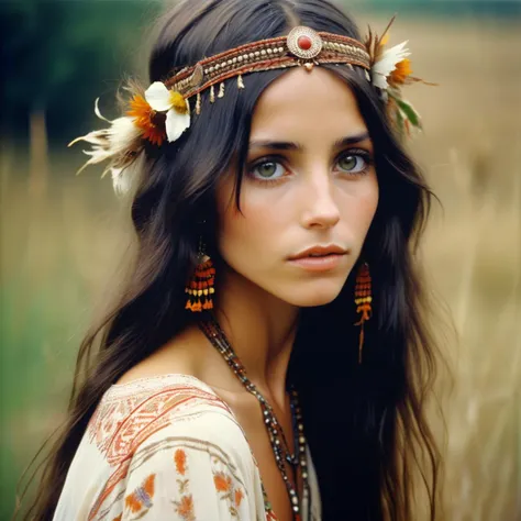 an analog photograph by cass bird of an Exquisite bohemian lady looking like selestxl3, Pensive.