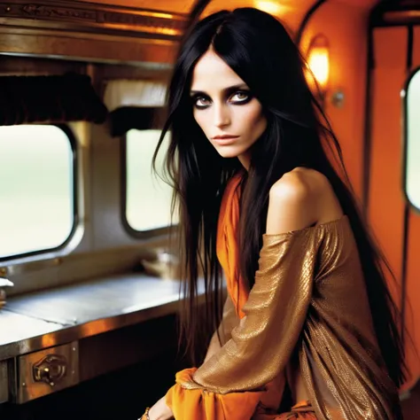a creation by david sims of a Radiant bohemian witch looking like selestxl3 admist her trailer, Stoic