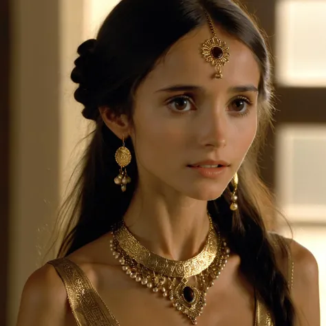 an underexposed film still of a Graceful bohemian woman looking like selestxl3, wearing gold jewelery, proovocative