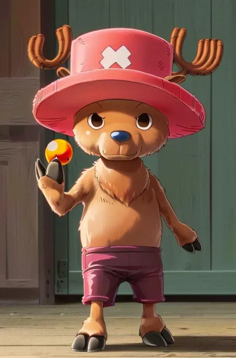 1boy, ChopperCzar, (brown fur, short, animal ears, antlers, hooves, black eyes, snout), (hat, pink headwear, shorts, full body, holding object, holding  RumbleBall), (masterpiece:1.2), hires, ultra-high resolution, 8K, high quality, (sharp focus:1.2), clean, crisp, cinematic, <lora:Chopper-18:1>