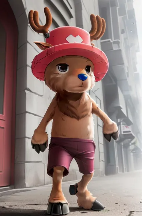 1boy, ChopperCzar, (brown fur, short, animal ears, antlers, hooves, hooved fingers, black eyes, snout), (hat, pink headwear, shorts, full body), (masterpiece:1.2), hires, ultra-high resolution, 8K, high quality, (sharp focus:1.2), clean, crisp, cinematic, <lora:Chopper-18:1>