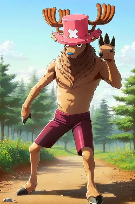 1boy, ChopperCzar, (brown fur, short, animal ears, antlers, hooves, hooved fingers, black eyes, snout), (hat, pink headwear, shorts, full body), (masterpiece:1.2), hires, ultra-high resolution, 8K, high quality, (sharp focus:1.2), clean, crisp, cinematic, <lora:Chopper-18:1>