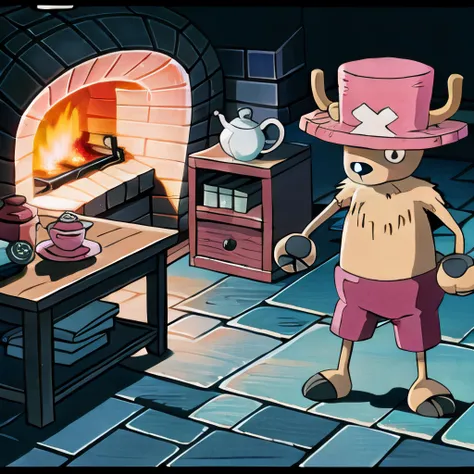 1boy, ChopperCzar, Tony Tony Chopper, (snout, brown fur, antlers, animal ears, hat:pink, shorts, round eyes, very large pupils, brown hoof hands), <lora:Chopper-v1>, standing in dark room. BREAK. brick fireplace, teapot. BREAK. Studio Ghibli anime style, anime style, ghibli style, <lora:ghibli_style_offset>, (masterpiece), (highest quality), (intricate details), (clean), (hires, high resolution, 8k, sharp image), deep shadows