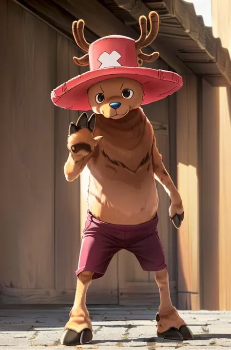 1boy, ChopperCzar, (brown fur, short, animal ears, antlers, hooves, hooved fingers, black eyes, snout), (hat, pink headwear, shorts, full body), (masterpiece:1.2), hires, ultra-high resolution, 8K, high quality, (sharp focus:1.2), clean, crisp, cinematic, <lora:Chopper-18:1>