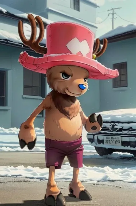 1boy, ChopperCzar, (brown fur, short, animal ears, antlers, hooves, hooved fingers, black eyes, snout), (hat, pink headwear, shorts, full body), (masterpiece:1.2), hires, ultra-high resolution, 8K, high quality, (sharp focus:1.2), clean, crisp, cinematic, <lora:Chopper-18:1>