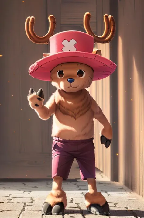 1boy, ChopperCzar, (brown fur, short, animal ears, antlers, hooves, hooved fingers, black eyes, snout), (hat, pink headwear, shorts, full body), (masterpiece:1.2), hires, ultra-high resolution, 8K, high quality, (sharp focus:1.2), clean, crisp, cinematic, <lora:Chopper-18:1>