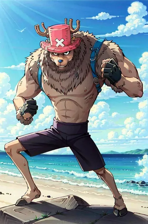 1boy, ChopperCzar, ArmPoint, (brown fur, animal ears, antlers, hooves, black eyes, Big Muscles, big biceps, big forearms, snout, fingers, fist), (hat, pink headwear, shorts, full body), (masterpiece:1.2), hires, ultra-high resolution, 8K, high quality, (sharp focus:1.2), clean, crisp, cinematic, <lora:Chopper-18:1>