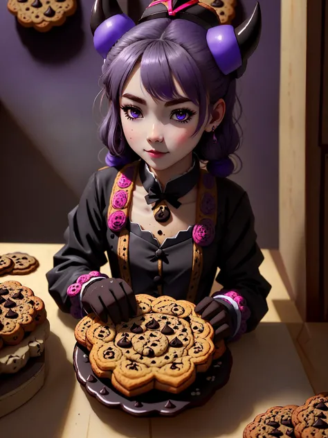 a medium shot photo of a draconian (MaeAI:.99) girl (serving a cookie:1.2) in a kitchen, pointy ears, natural skin texture, (black dragon horns), (detailed, intricate black purple CookiePunkAI skin), [red | blue eyes], eyeshadow, [silver | purple hair],  with camera, digital art <lora:CookiePunkAI:1>