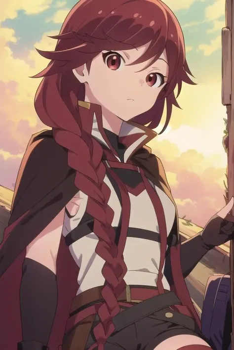 grimgaryume, <lora:yume-lora-nochekaiser:1>,
yume, long hair, (red eyes:1.5), braid, red hair, single braid,
BREAK thighhighs, gloves, boots, shorts, elbow gloves, fingerless gloves, cape, black shorts, red thighhighs,
BREAK looking at viewer,
BREAK outdoors,
BREAK <lyco:GoodHands-beta2:1>, (masterpiece:1.2), best quality, high resolution, unity 8k wallpaper, (illustration:0.8), (beautiful detailed eyes:1.6), extremely detailed face, perfect lighting, extremely detailed CG, (perfect hands, perfect anatomy),