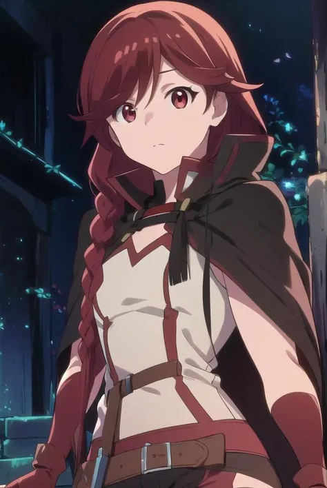 grimgaryume, <lora:yume-lora-nochekaiser:1>,
yume, long hair, (red eyes:1.5), braid, red hair, single braid,
BREAK thighhighs, gloves, boots, shorts, elbow gloves, fingerless gloves, cape, black shorts, red thighhighs,
BREAK looking at viewer,
BREAK outdoors,
BREAK <lyco:GoodHands-beta2:1>, (masterpiece:1.2), best quality, high resolution, unity 8k wallpaper, (illustration:0.8), (beautiful detailed eyes:1.6), extremely detailed face, perfect lighting, extremely detailed CG, (perfect hands, perfect anatomy),