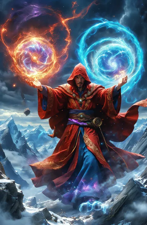 amazing quality, masterpiece, best quality, hyper detailed, ultra detailed, UHD, perfect anatomy, face to viewer, Surreal, Fantasy World,
extreme weather, storm, strong wind, swirl in the sky, dark sky, darkness, a magic world, wizard,
a full body shot of Doctor Strange wearing wizard robe, little angry, red robe of Doctor Strange, (holding spellbook:1.3), a great master, (time tunnel:1.3),
casting water magic spells, gradient color, magic circle, (red hybrid purple:1.3) energy flow, energy flow surrounded, glowing, shine, sorcerer supreme,
floating body, jumping, flying, hovering on mountain top, snow, snowing, powerful magic, magic circle, waterspout, full of energy, spectacular magic scenes,
<lora:add-detail-xl:1.0>,
<lora:EnvyBetterHiresFixXL01:1.0>,
<lora:extremely_detailed:1.2>, extremely detailed,
<lora:DonM3t3rn1tyXL-v1.1-000008:0.65>, DonM3t3rn1tyXL,
SK_Fantasy,