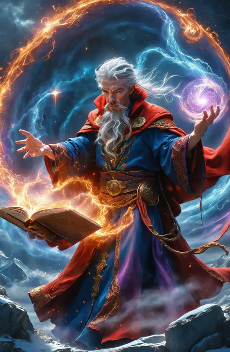 amazing quality, masterpiece, best quality, hyper detailed, ultra detailed, UHD, perfect anatomy, face to viewer, Surreal, Fantasy World,
extreme weather, storm, strong wind, swirl in the sky, dark sky, darkness, a magic world, wizard,
a full body shot of Doctor Strange wearing wizard robe, little angry, red robe of Doctor Strange, (holding spellbook:1.3), a great master, (time tunnel:1.3),
casting water magic spells, gradient color, magic circle, (red hybrid purple:1.3) energy flow, energy flow surrounded, glowing, shine, sorcerer supreme,
floating body, jumping, flying, hovering on mountain top, snow, snowing, powerful magic, magic circle, waterspout, full of energy, spectacular magic scenes,
<lora:add-detail-xl:1.0>,
<lora:EnvyBetterHiresFixXL01:1.0>,
<lora:extremely_detailed:1.2>, extremely detailed,
<lora:DonM3t3rn1tyXL-v1.1-000008:0.65>, DonM3t3rn1tyXL,
SK_Fantasy,