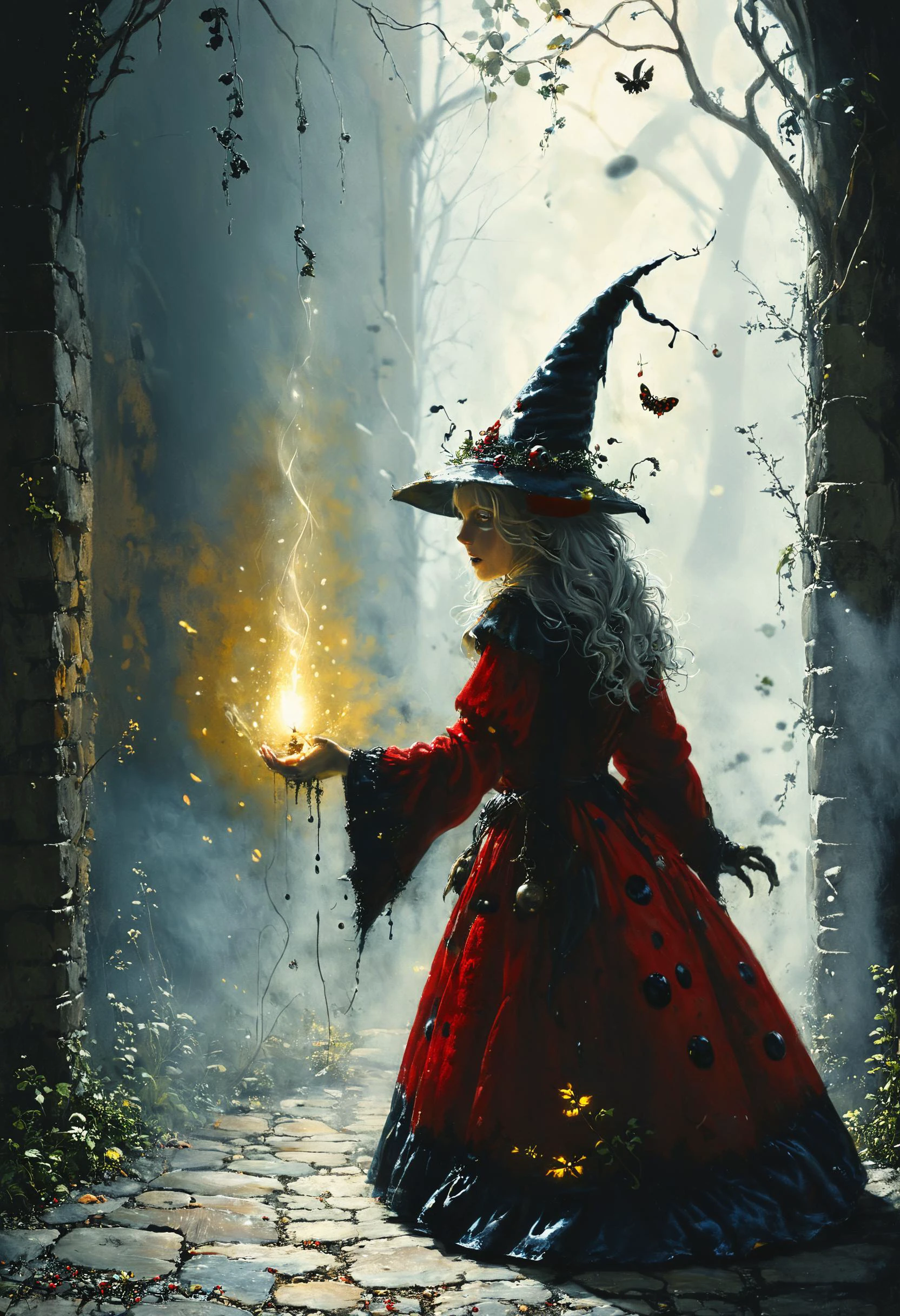 anthropomorphic Ladybug witch casting a spell, <lora:The_Horror_Style:0.8>, <lora:great_lighting:0.8> great lighting, Back lighting, <lora:fracolor:0.7> fracolor, <lora:hkmagicV2:0.8> hkmagic