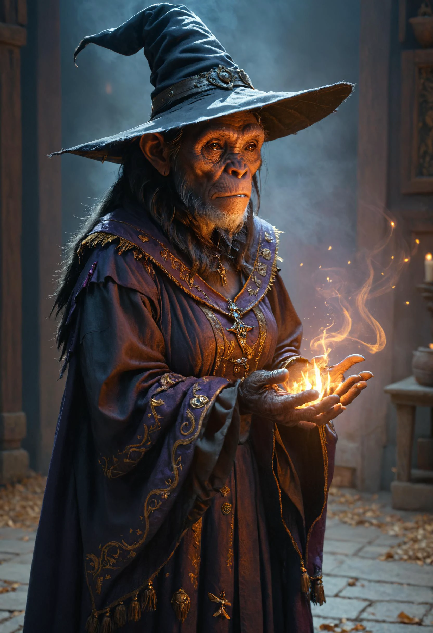 anthropomorphic Chimpanzee witch casting a spell, <lora:PAseer-SDXL-HorrorSongV2:0.8> horror, <lora:add-detail-xl:0.8>, Cinematic lighting, <lora:cine:0.7> cin3, <lora:hkmagicV2:0.8> hkmagic