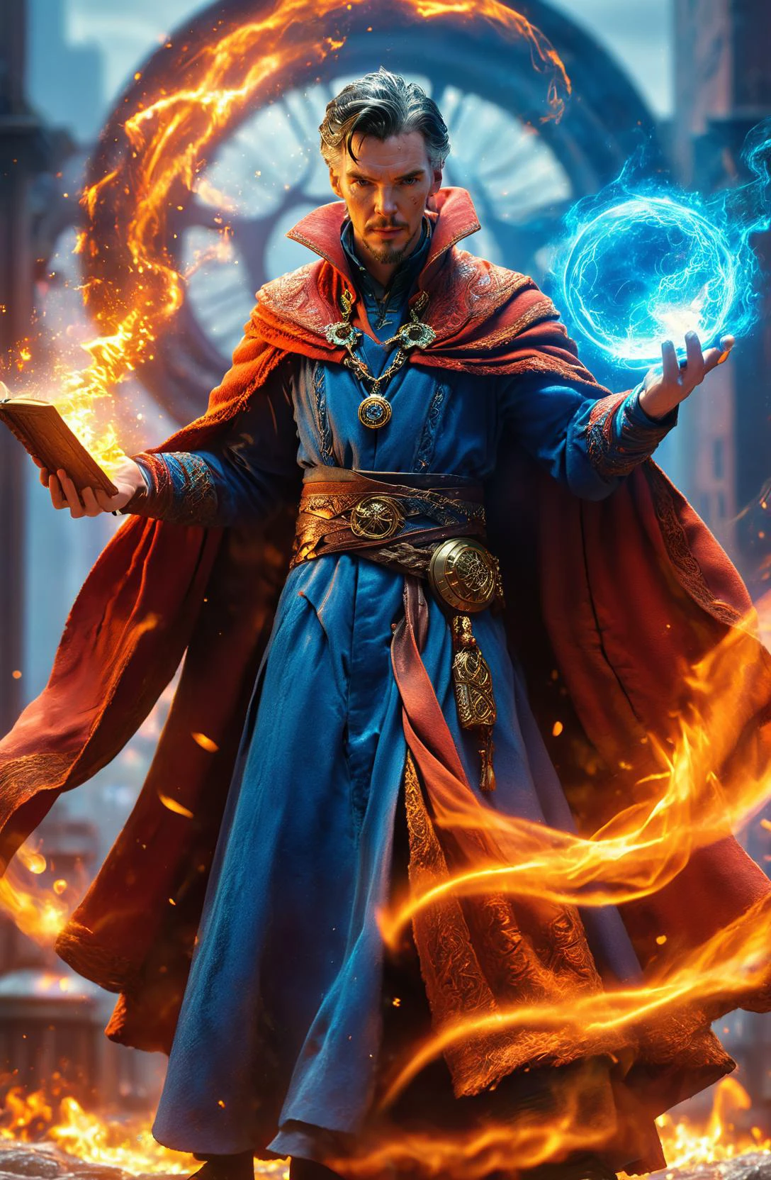 amazing quality, masterpiece, best quality, hyper detailed, ultra detailed, UHD, perfect anatomy, super realistic,
a full body shot of Doctor Strange wearing wizard robe, little angry, red robe of Doctor Strange, casting fire magic spells, gradient color,
city view in background, magic circle, (orange hybrid blue:1.3) energy flow,
(flame:1.2) above one hand, (holding spellbook:1.3),
<lora:add-detail-xl:0.75>,
<lora:quality1:1.0>,
<lora:extremely_detailed:1.0>, extremely detailed,
<lora:DonM3t3rn1tyXL-v1.1-000008:0.7>, DonM3t3rn1tyXL,