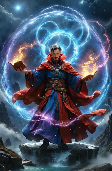 amazing quality, masterpiece, best quality, hyper detailed, ultra detailed, UHD, perfect anatomy, face to viewer, Surreal, Fantasy World,
extreme weather, storm, strong wind, swirl in the sky, dark sky, darkness, a magic world, wizard,( red cloud:1.3), a great master,
a full body shot of Doctor Strange wearing wizard robe, little angry, red robe of Doctor Strange, (holding spellbook:1.3),
casting water magic spells, gradient color, magic circle, (red hybrid purple:1.3) energy flow, energy flow surrounded, water column above one hand, Sorcerer Supreme,
floating body, jumping, flying, hovering on mountain top, snow, snowing, powerful magic, magic circle, waterspout, full of energy, spectacular magic scenes,
<lora:add-detail-xl:0.85>,
<lora:EnvyBetterHiresFixXL01:1.0>,
<lora:extremely_detailed:1.0>, extremely detailed,
<lora:DonM3t3rn1tyXL-v1.1-000008:0.6>, DonM3t3rn1tyXL,
SK_Fantasy,