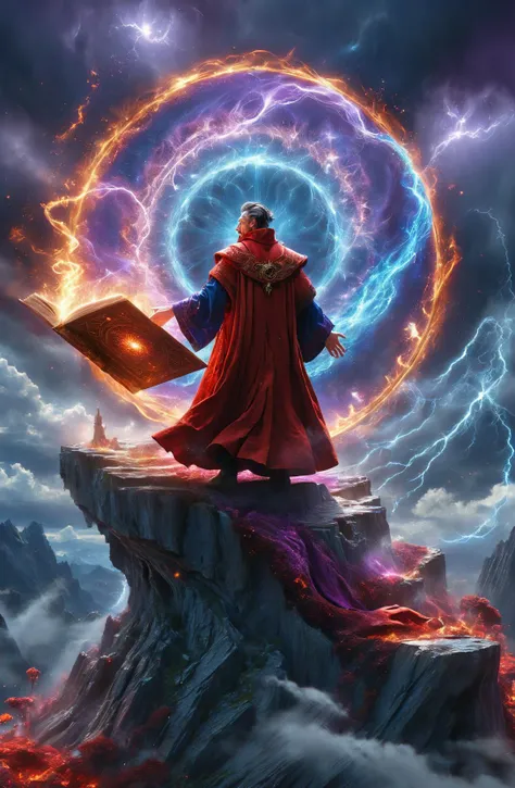 amazing quality, masterpiece, best quality, hyper detailed, ultra detailed, UHD, perfect anatomy, face to viewer, Surreal, Fantasy World,
extreme weather, storm, strong wind, swirl in the sky, dark sky, darkness, a magic world, wizard,
a full body shot of Doctor Strange wearing wizard robe, little angry, red robe of Doctor Strange, (holding spellbook:1.3), a great master, (time tunnel:1.3),
casting water magic spells, gradient color, magic circle, (red hybrid purple:1.3) energy flow, energy flow surrounded, glowing, shine, sorcerer supreme,
floating body, jumping, flying, hovering on mountain top, snow, snowing, powerful magic, magic circle, waterspout, full of energy, spectacular magic scenes,
<lora:add-detail-xl:0.85>,
<lora:EnvyBetterHiresFixXL01:1.0>,
<lora:extremely_detailed:1.0>, extremely detailed,
<lora:DonM3t3rn1tyXL-v1.1-000008:0.6>, DonM3t3rn1tyXL,
SK_Fantasy,