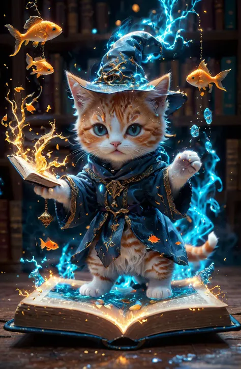 amazing quality, masterpiece, best quality, hyper detailed, ultra detailed, UHD, perfect anatomy, magic world,
(kitten and fish:1.4), fish in the air, spell magic to get fresh fish as food,( fish jumping from magic book:1.3),
a full body of a cute kitten, wearing witches robe, witches hat, holding magic book, magic book on one hand, spell magic,
<lora:Fantasy_Wizard__Witches_SDXL:0.75>, hkmagic,
<lora:add-detail-xl:1.0>,
<lora:EnvyBetterHiresFixXL01:1.0>,
<lora:extremely_detailed:1.2>, extremely detailed,
<lora:glowneon_xl_v1:0.7> glowneon, glowing, sparks,