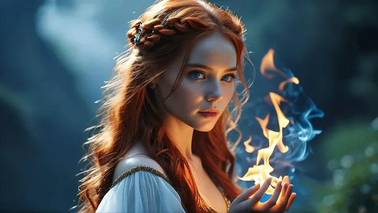 cinematic photo , long distance shot of woman, fire sorceress, pale skin, chestnut red hair cascade over delicate shoulders, her youthful face hosts captivating blue eyes that glow with kindness and a quiet strength BREAK her complexion is fair, skin glowing with Vitality of Youth, preserved through magic BREAK dressed with elegance, outfit emphasize her charm and femininity, 8k, masterpiece, HKMagic <lora:hkmagicV2:0.5> <lora:MJ52:0.2> . 35mm photograph, film, bokeh, professional, 4k, highly detailed