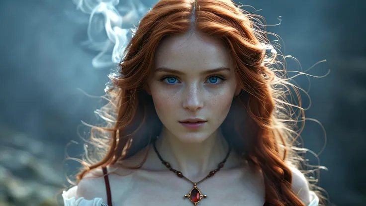 cinematic photo , long distance shot of 13-th century woman, fire sorceress, pale skin, chestnut red hair cascade over delicate shoulders, her youthful face hosts captivating blue eyes that glow with kindness and a quiet strength BREAK her complexion is fair, skin glowing with Vitality of Youth, preserved through magic BREAK dressed with elegance, outfit emphasize her charm and femininity, 8k, masterpiece, HKMagic <lora:hkmagicV2:0.5> . 35mm photograph, film, bokeh, professional, 4k, highly detailed