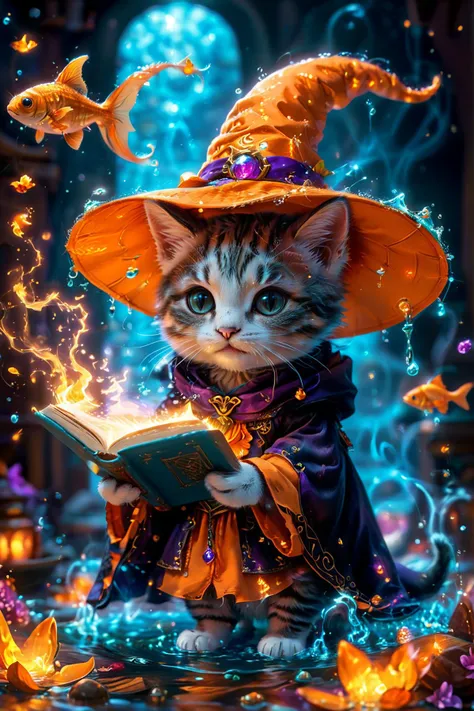 A hyper-detailed and ultra-high-definition scene depicting a magical world where a cute kitten is casting spells to summon fish from a magic book. The kitten, perfectly rendered with accurate anatomy and incredible detail, is dressed in an adorable witch's robe and hat. The kitten is holding a magic book in one paw, from which fish are jumping into the air, surrounded by a flow of magical energy. The scene captures the whimsical and enchanting atmosphere, with the kitten's full body in view, exuding a kawaii charm.
hyper-detailed, ultra-high-definition, magical world, cute kitten, accurate anatomy, witches robe, witches hat, magic book, spellcasting, fish in the air, energy flow, whimsical, enchanting, kawaii, adorable, masterpiece, amazing quality, best quality. (flying fish:1.3),
<lora:Fantasy_Wizard__Witches_SDXL:0.75>, hkmagic,
<lora:add-detail-xl:1.0>,
<lora:EnvyBetterHiresFixXL01:1.0>,
<lora:extremely_detailed:1.0>, extremely detailed,
<lora:glowneon_xl_v1:0.6> glowneon, glowing,
<lora:EldritchMixIllustration_1.1:0.25>,
<lora:SDXLFaeTastic2400:0.45>,