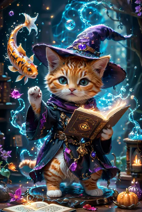 A hyper-detailed and ultra-high-definition scene depicting a magical world where a cute kitten is casting spells to summon fish from a magic book. The kitten, perfectly rendered with accurate anatomy and incredible detail, is dressed in an adorable witch's robe and hat. The kitten is holding a magic book in one paw, from which fish are jumping into the air, surrounded by a flow of magical energy. The scene captures the whimsical and enchanting atmosphere, with the kitten's full body in view, exuding a kawaii charm.
hyper-detailed, ultra-high-definition, magical world, cute kitten, accurate anatomy, witches robe, witches hat, magic book, spellcasting, fish in the air, energy flow, whimsical, enchanting, kawaii, adorable, masterpiece, amazing quality, best quality. (flying fish:1.3),
white clothes, white hat.
<lora:Fantasy_Wizard__Witches_SDXL:0.75>, hkmagic,
<lora:add-detail-xl:1.0>,
<lora:EnvyBetterHiresFixXL01:1.0>,
<lora:extremely_detailed:1.0>, extremely detailed,
<lora:glowneon_xl_v1:0.6> glowneon, glowing,
<lora:EldritchMixIllustration_1.1:0.25>,
<lora:SDXLFaeTastic2400:0.45>,