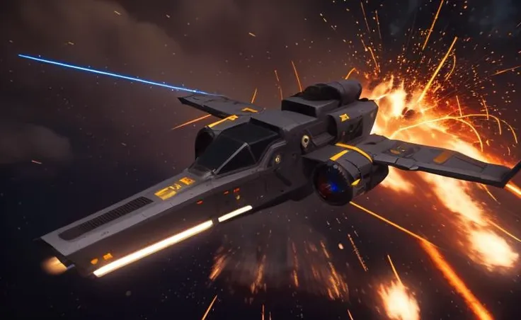 a matte black fighter starship, (flying away from an explosion:1.4), cinematic lens flare, bloom, dynamic lighting, massive fireball, 4k vfx