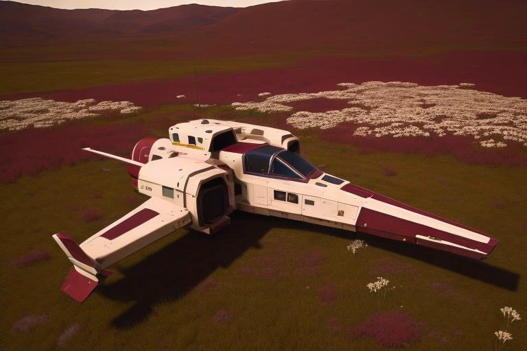 a (maroon and white:1.2) fighter starship in a grassy field, simple, minimalist artwork, 4k cinematic wallpaper, lens flare, bloom, lens imperfections