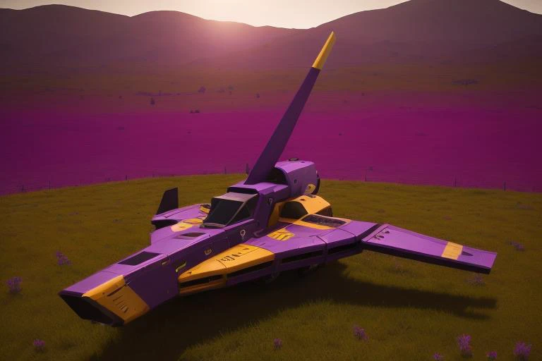 a (purple and gold:1.2) fighter starship in a grassy field, simple, minimalist artwork, 4k cinematic wallpaper, lens flare, bloom, lens imperfections