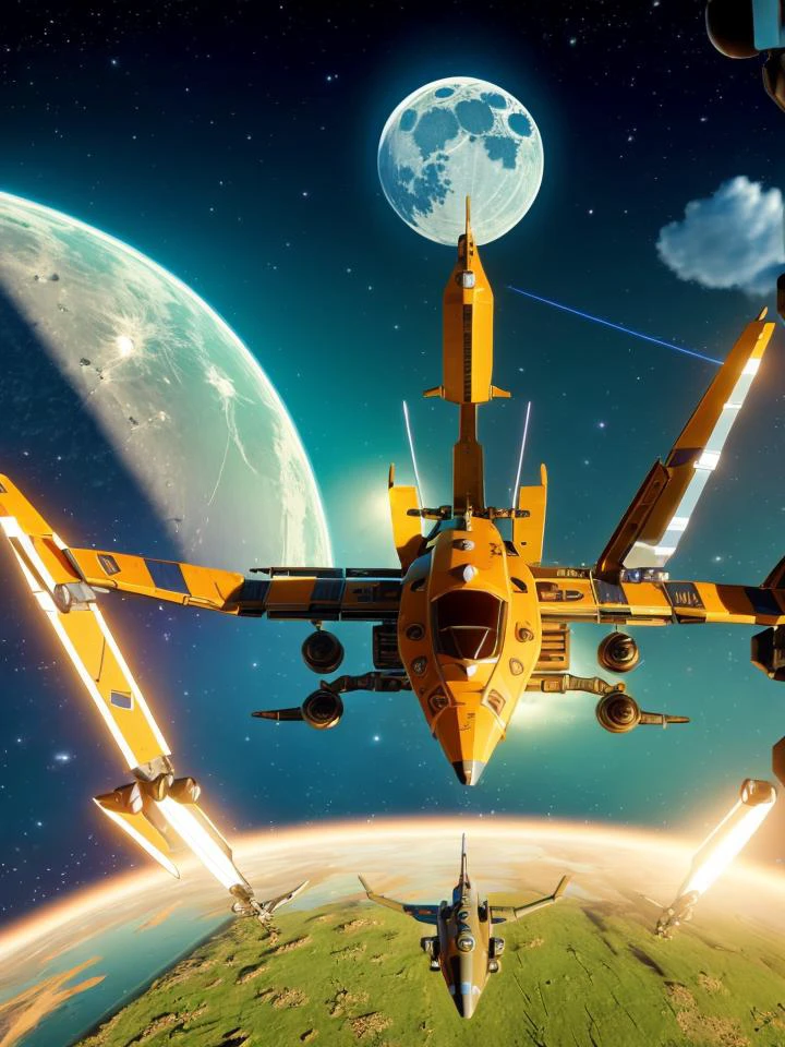 masterpiece,best quality,ultra detailed,highres,high-resolution,4k,4k portrait,8k,(8k portrait),unity 8k wallpaper,extremely detailed CG,realistic,RAW photo,real person,(portrait photography),photorealistic,(No-man's-sky Game Design Picture),(Detailed drawing of spaceship),
(Draw a spaceship nearby),((A spaceship like a fighter)),A spaceship is flying in the sky,any moon floating in the sky,(Giant spacecraft),Colorful space,A spaceship flying in space,