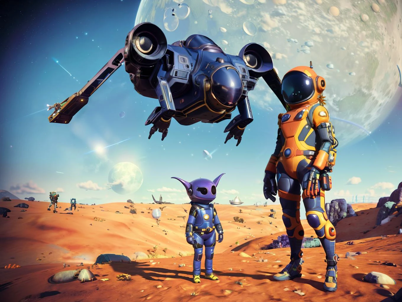 masterpiece,best quality,ultra detailed,highres,high-resolution,4k,4k portrait,8k,(8k portrait),unity 8k wallpaper,extremely detailed CG,realistic,RAW photo,real person,(portrait photography),photorealistic,detailed skin,
(No-man's-sky Game Design Picture),(1girl),Bizarre animal,The girl is wearing space suit,((looking at viewer)),A spaceship is flying in the sky,Face the front,On the ground,Ground,any moon floating in the sky,(face),((front)),(A girl looking in front),18 -year -old British woman,smile,fun,((Alien and commemorative photo)),((Bizarre creatures and commemorative photos)),(Giant spacecraft),Above the knees,Spread earth,Stand on the hill,(Alien standing next to a girl),(A strange creature is attached to her),With a yellow mesh in the blue god,Classic French Braid,__eye_color,amb__,