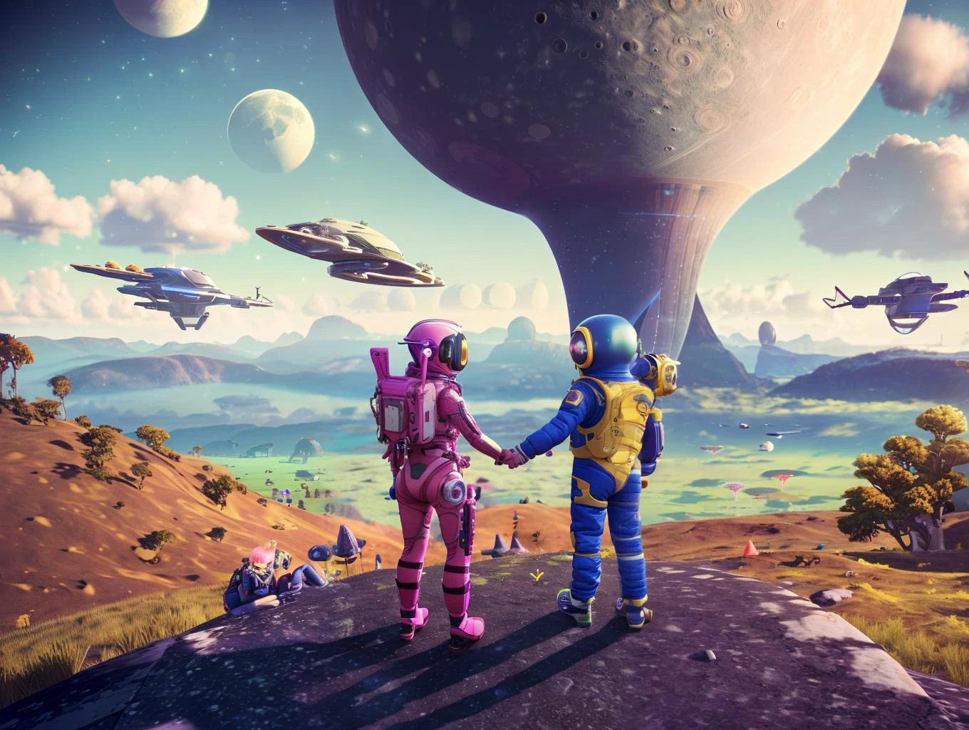 masterpiece,best quality,ultra detailed,highres,high-resolution,4k,4k portrait,8k,(8k portrait),unity 8k wallpaper,extremely detailed CG,realistic,RAW photo,real person,(portrait photography),photorealistic,detailed skin,
(No-man's-sky Game Design Picture),(1girl),Bizarre animal,The girl is wearing space suit,((looking at viewer)),A spaceship is flying in the sky,Face the front,On the ground,Ground,any moon floating in the sky,(face),((front)),(A girl looking in front),18 -year -old British woman,smile,fun,((Alien and commemorative photo)),((Bizarre creatures and commemorative photos)),(Giant spacecraft),Above the knees,Spread earth,Stand on the hill,(Alien standing next to a girl),(A strange creature is attached to her),With a yellow mesh in the blue god,Classic French Braid,__eye_color,amb__,